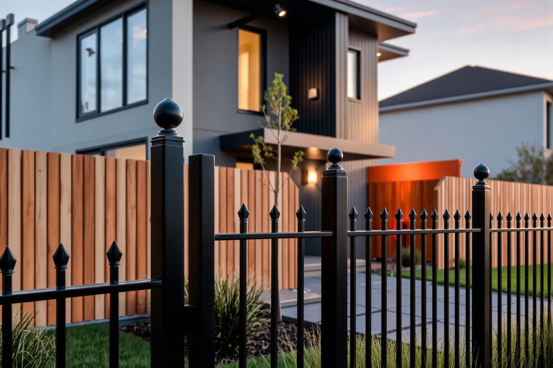 Premium black metal and cedar fence in front of a modern home